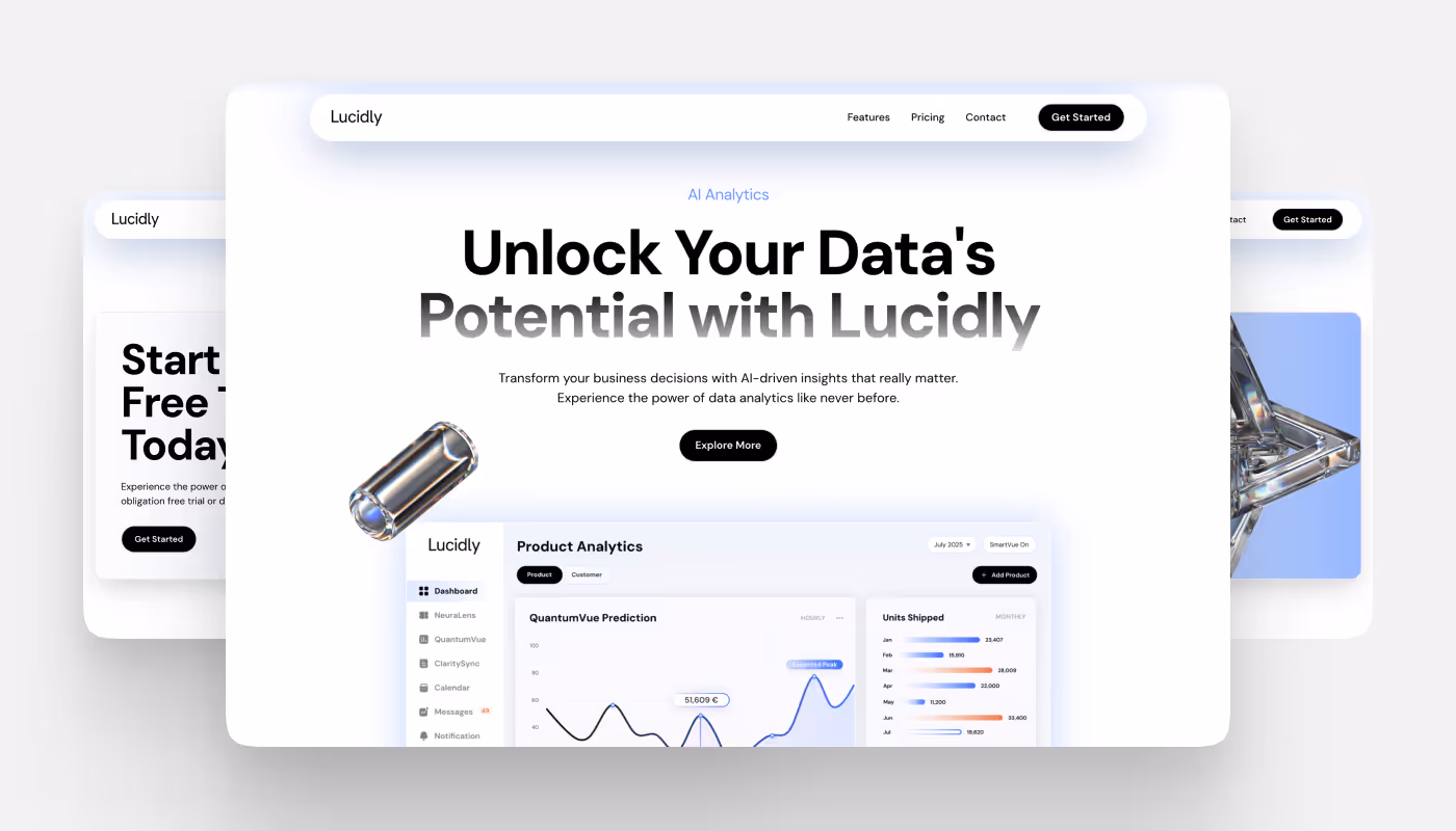 Screenshot of Lucidly’s homepage featuring a dashboard, headline about unlocking data potential, and metallic design elements.