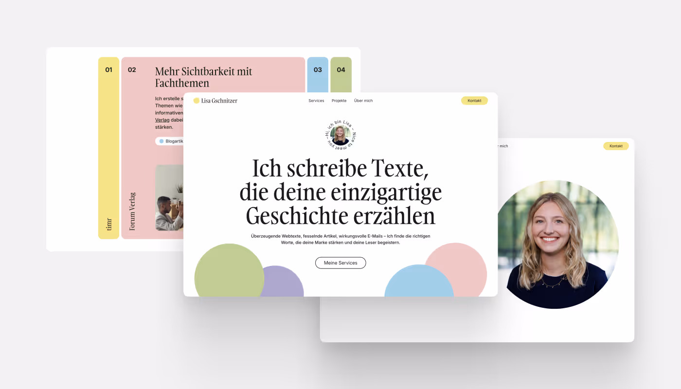 Layered screenshots of Lisa Gschnitzer’s portfolio site with German text and a colorful, friendly layout.