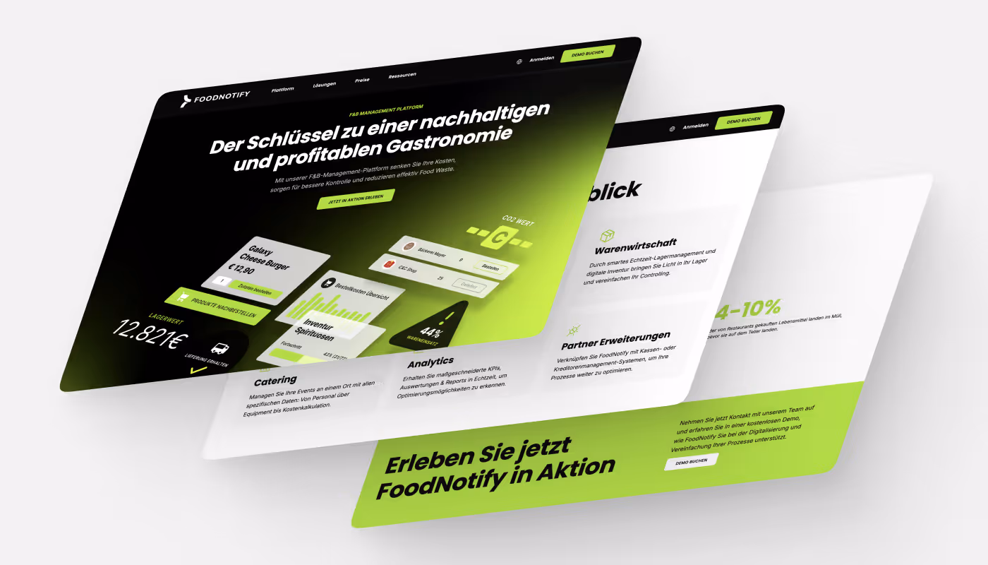 Angled screenshot of FoodNotify homepage with a neon green and black theme promoting hospitality software.