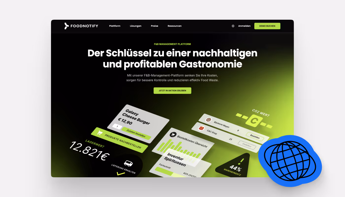 Screenshot of FoodNotify's homepage featuring green highlights and F&B tools.