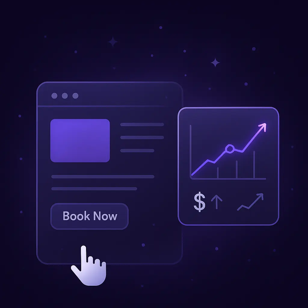 website interface with "book now" button and upward line graph chart