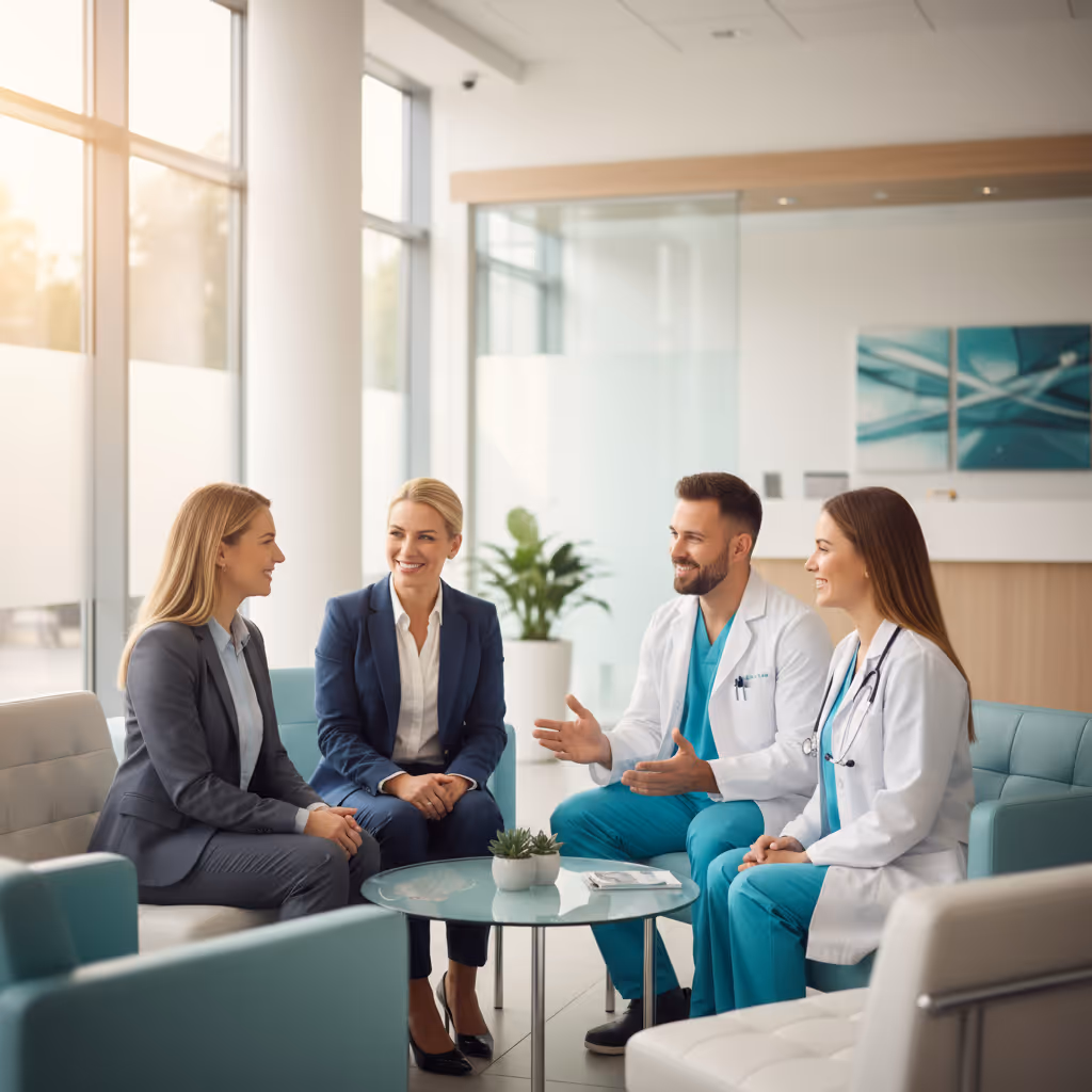two doctors talking with two business women. 
