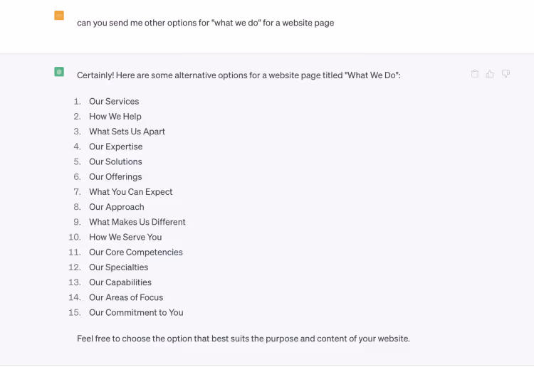 A request Donna Mondi put into ChatGPT to rephrase her website language.