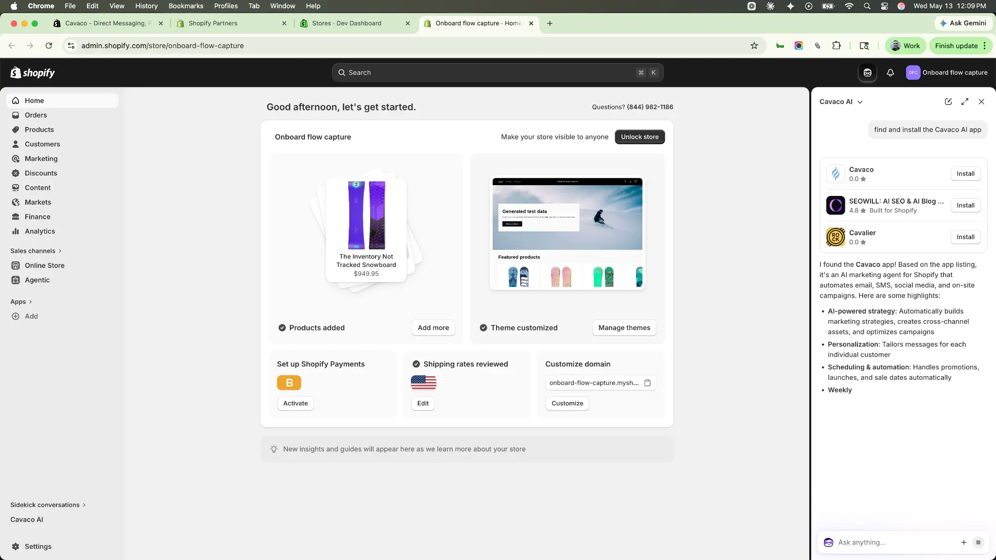 Shopify Sidekick AI finding Cavaco