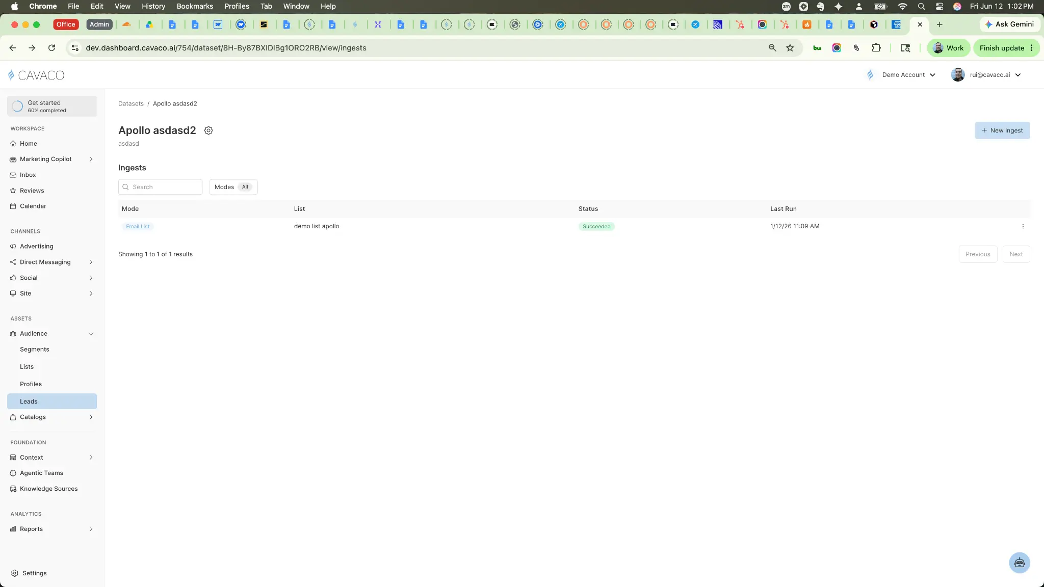 The Ingests view showing the status of a completed ingest
