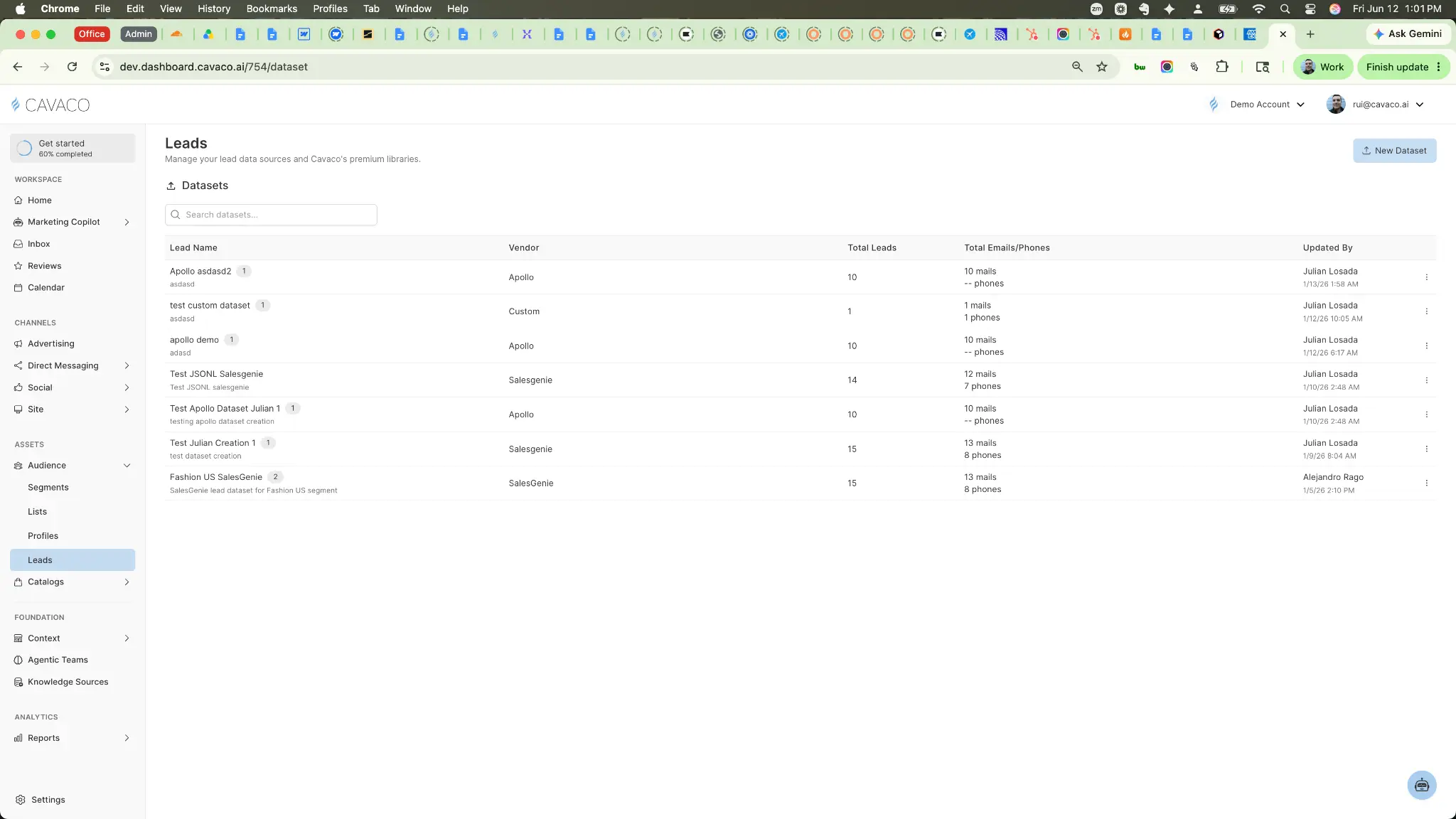 The Leads index screen in Cavaco AI showing existing datasets and the New Dataset button