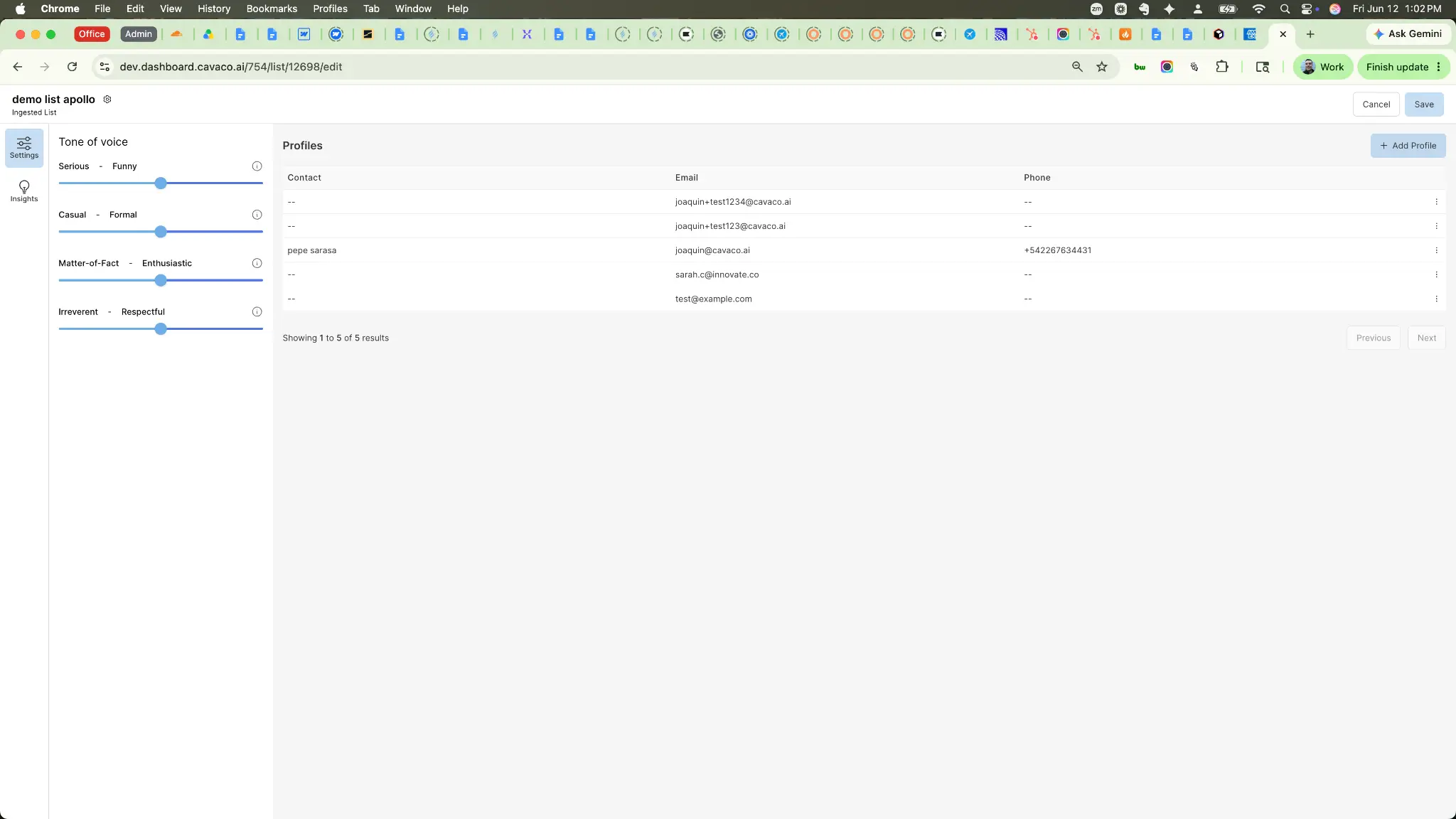 The List view showing the successfully imported profiles and the Tone of Voice settings
