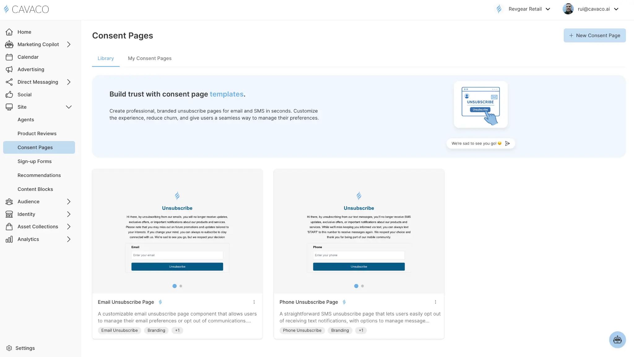 Consent Pages dashboard in Cavaco AI