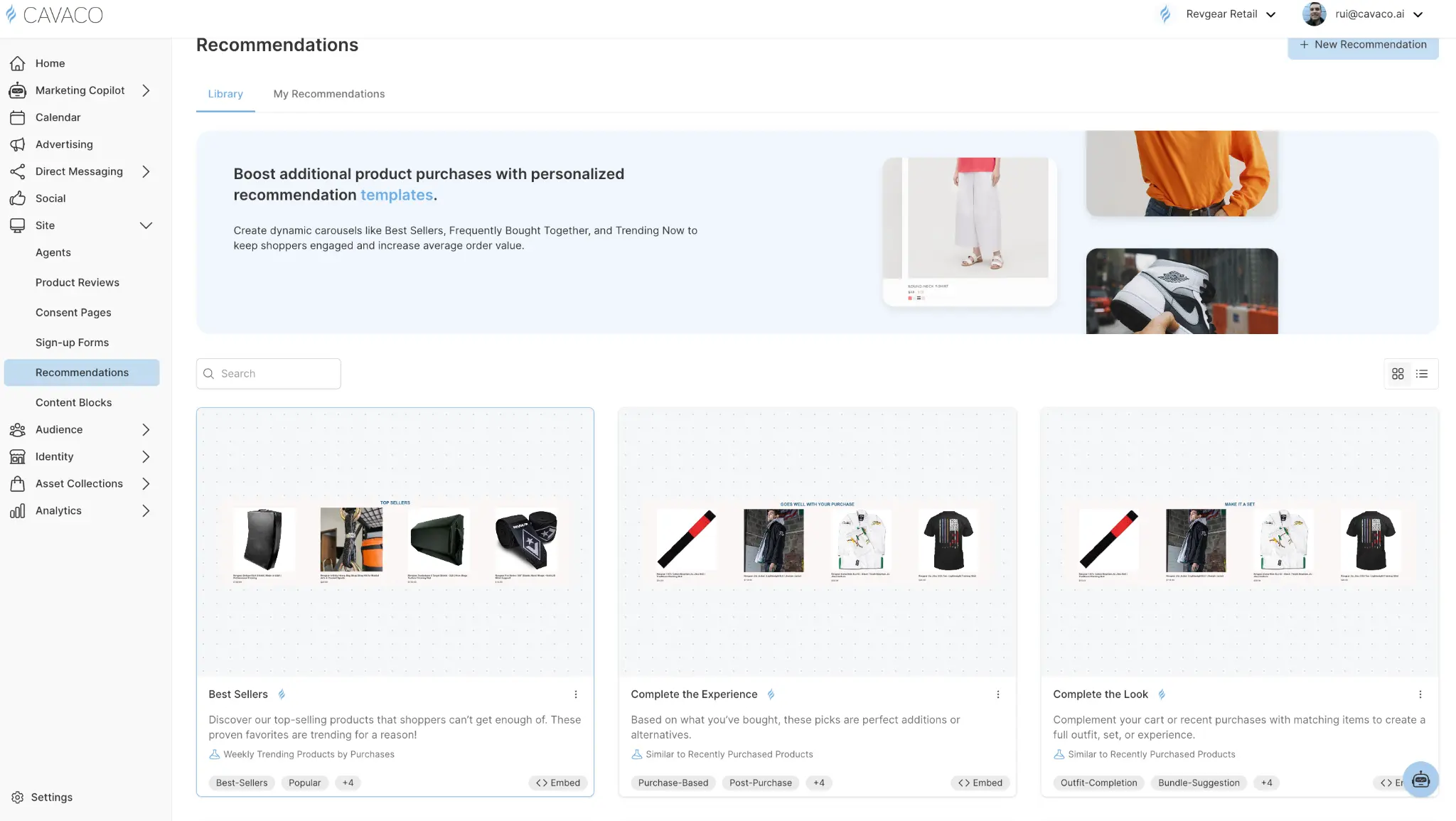 Recommendations dashboard in Cavaco AI
