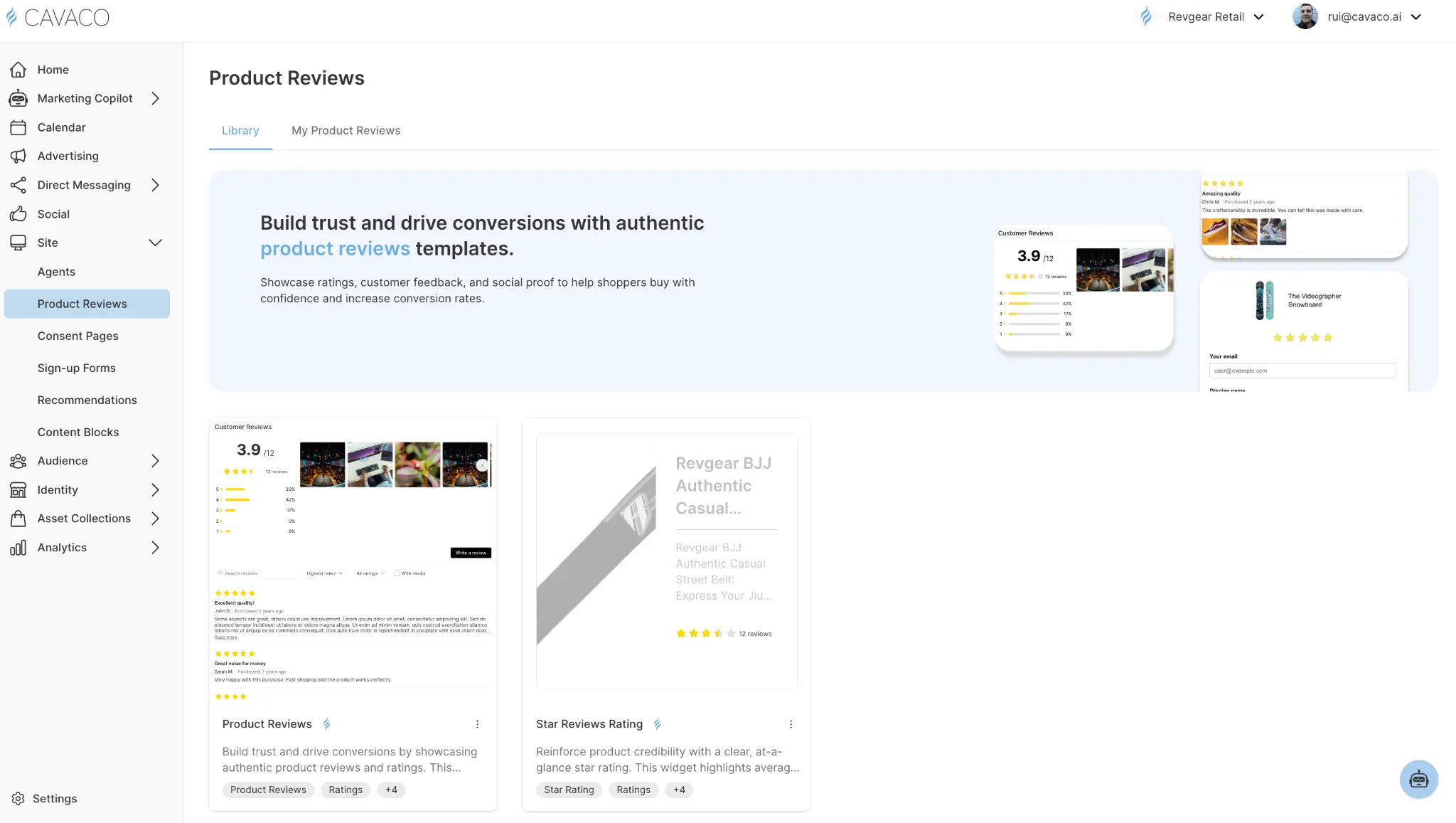 Product Reviews dashboard in Cavaco AI