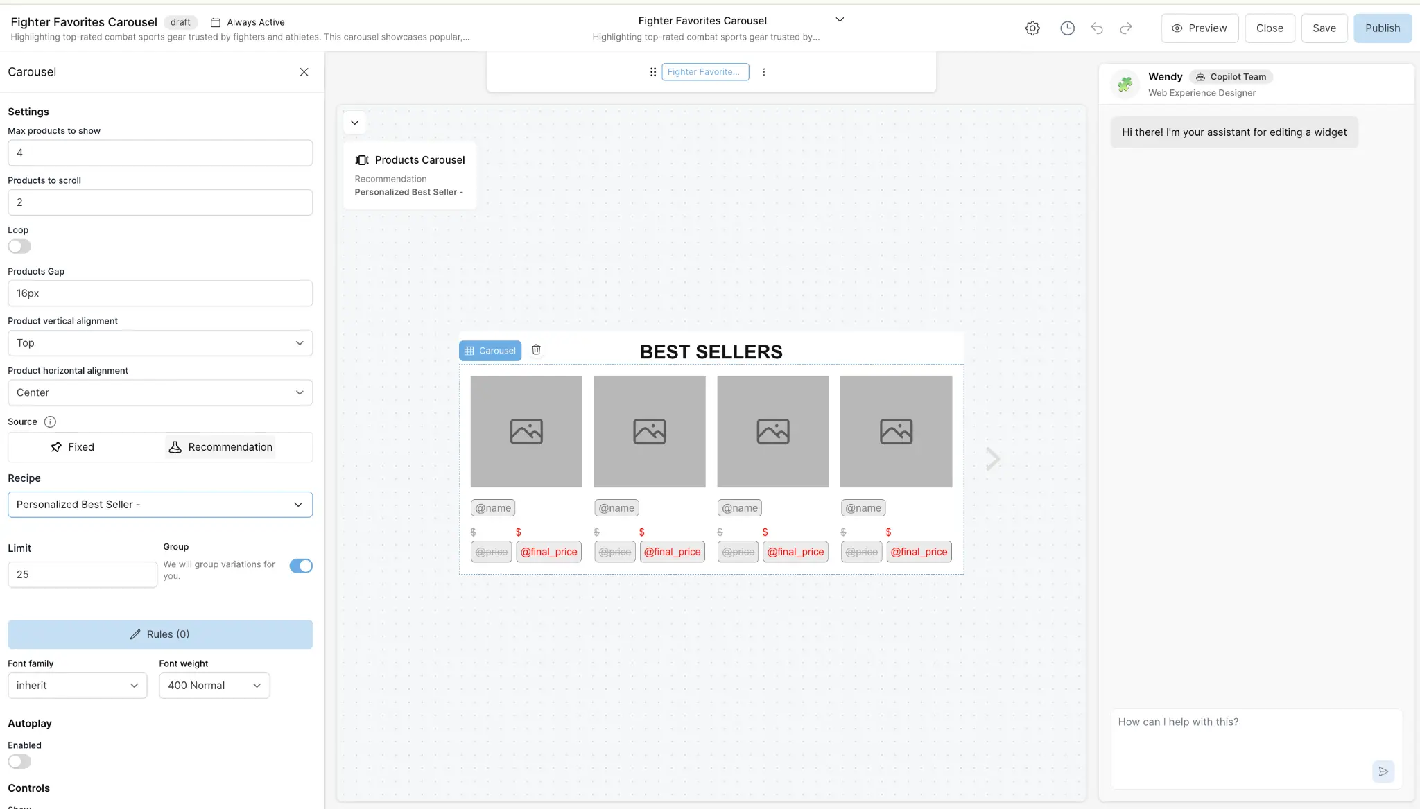 Recommendation widget editor in Cavaco AI showing carousel settings and Recipe selector