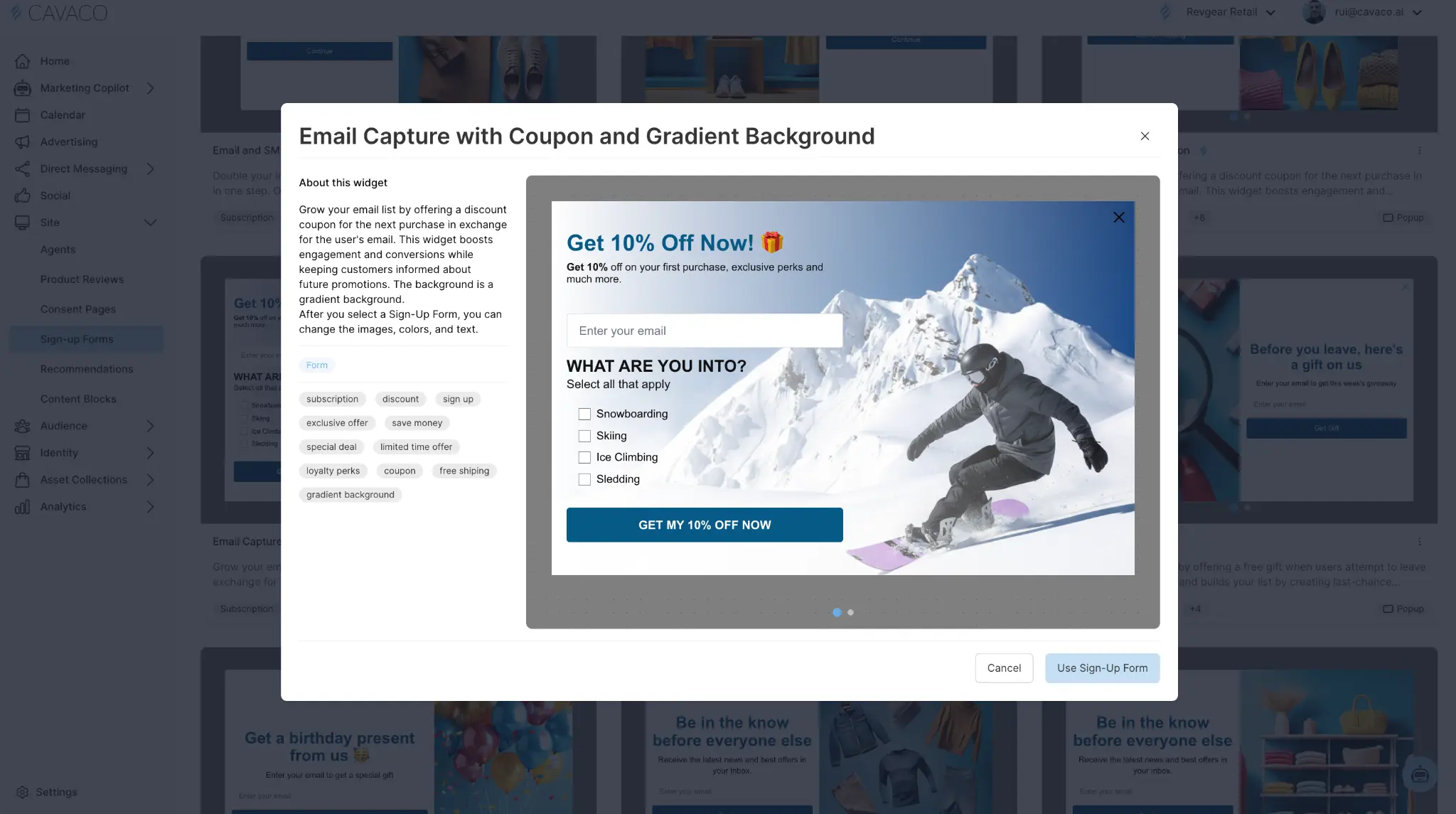 Sign-Up Form template picker in Cavaco AI