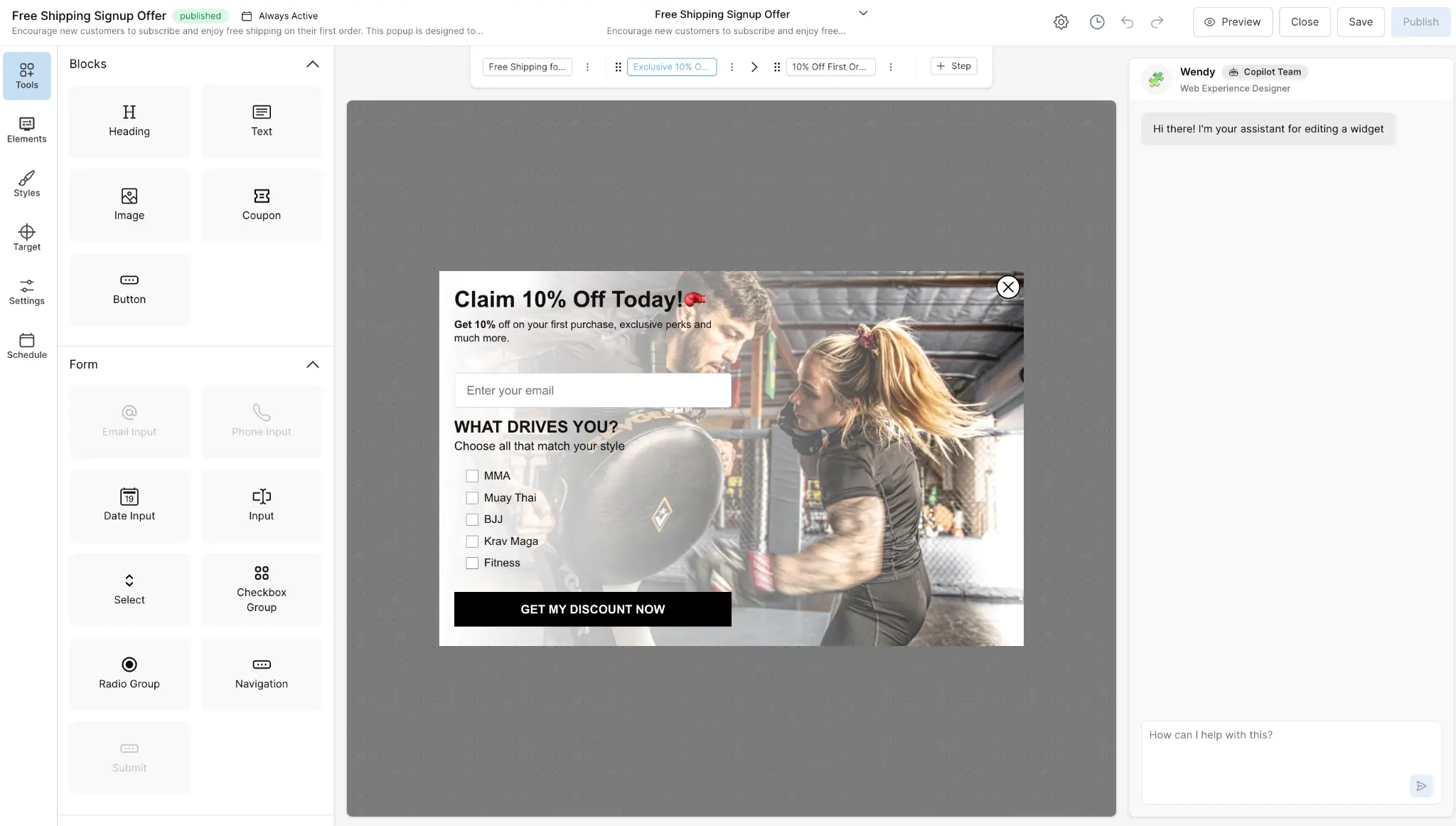 Sign-Up Form widget editor in Cavaco AI showing multi-step form builder