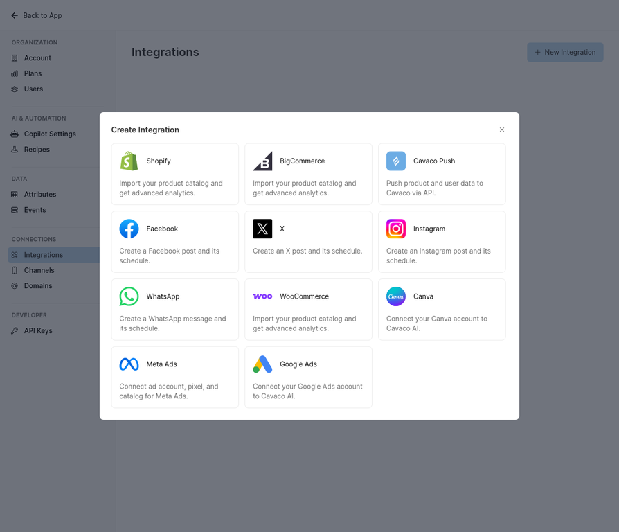 The Create Integration modal showing Meta Ads and Google Ads as available options