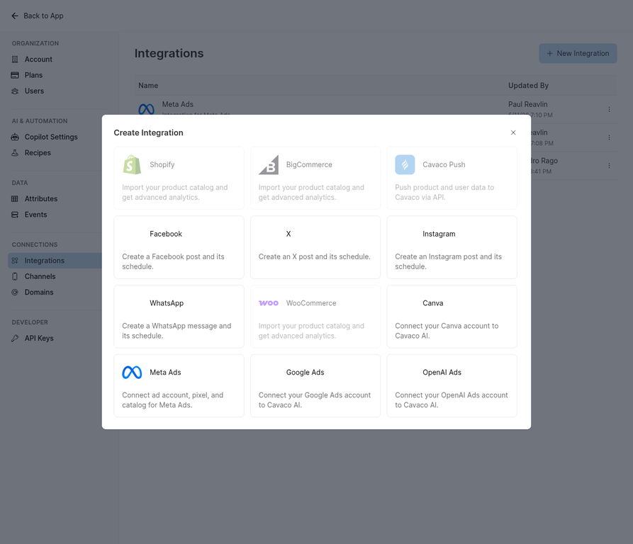 The Create Integration modal showing all available integrations including OpenAI Ads