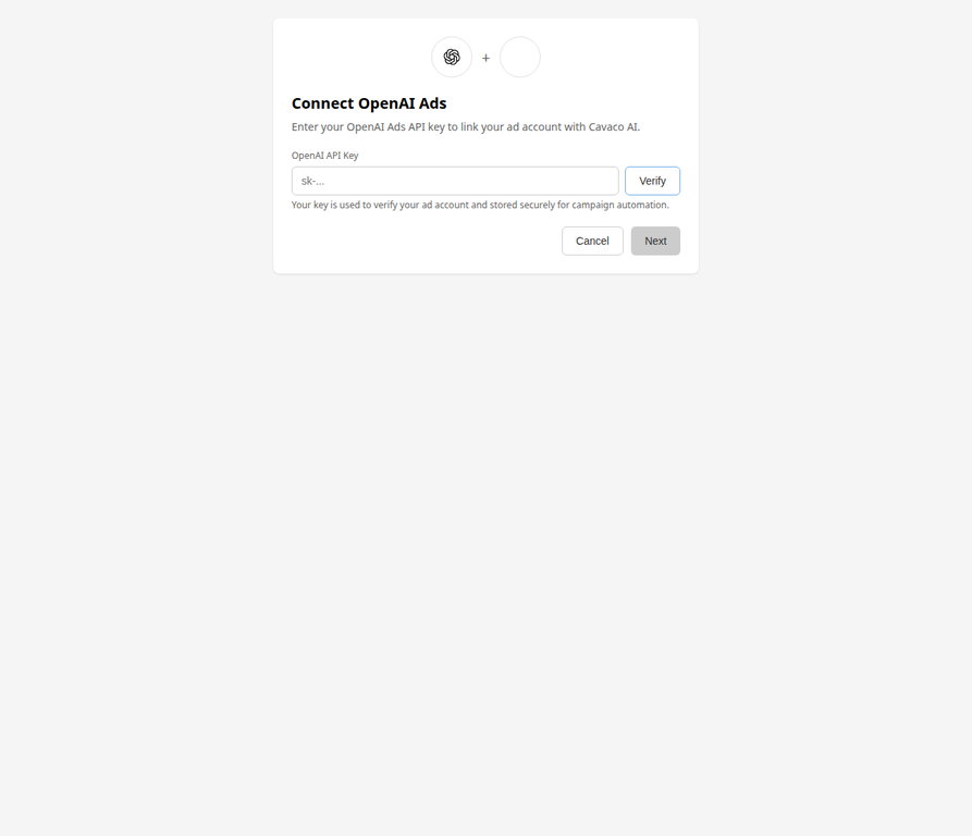 The Connect OpenAI Ads page showing the API key input field and Verify button