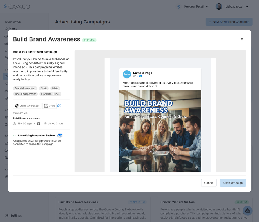 The Ads Library template detail view showing campaign description, targeting, and a Use Campaign button