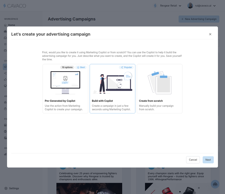 The New Advertising Campaign creation modal showing three options: Pre-Generated by Copilot, Build with Copilot, and Create from scratch