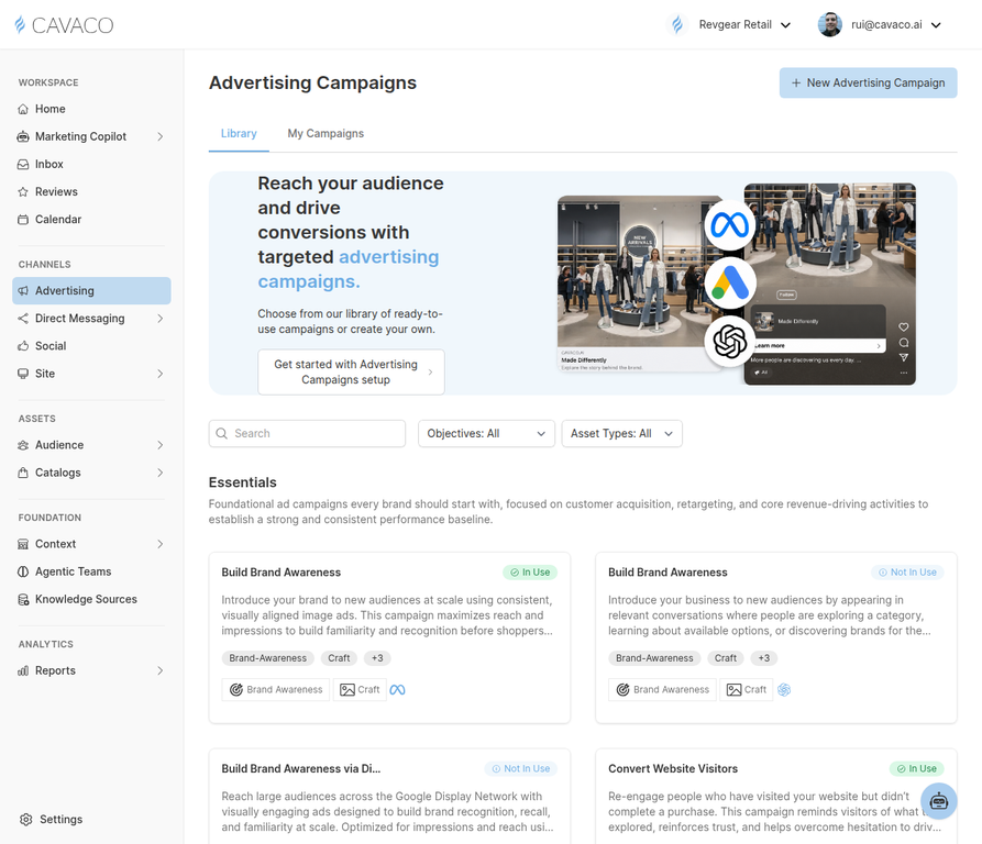 The Ads Library showing categorized campaign templates including Essentials and Grow Sales sections