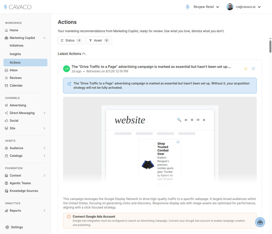Marketing Copilot Actions page showing AI-generated campaign recommendations with Dismiss and Approve buttons