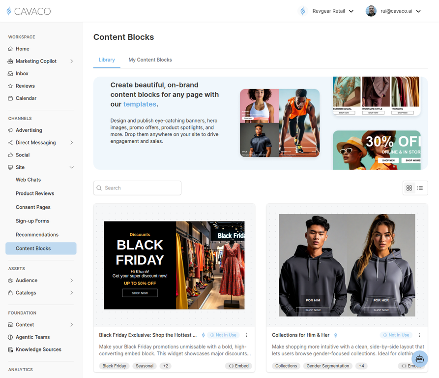 Content Blocks Library showing customizable widget templates for on-site personalization