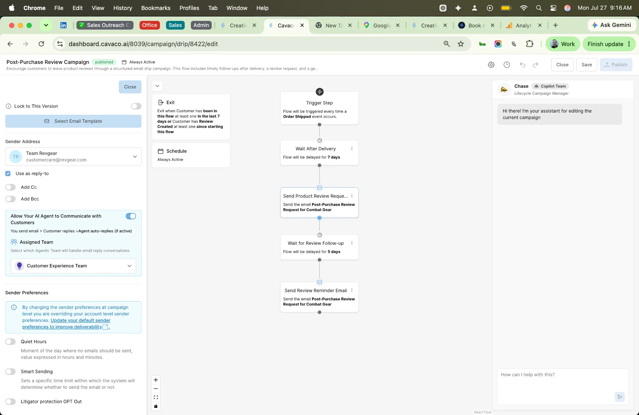 Drip campaign editor showing Sender Preferences including Smart Sending, Quiet Hours, and AI Agent Communication settings