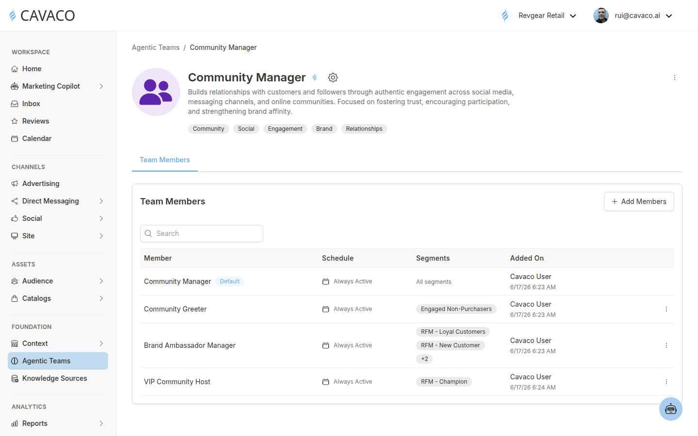 Community Manager Agentic Team member table showing the default member, schedules, and assigned customer segments