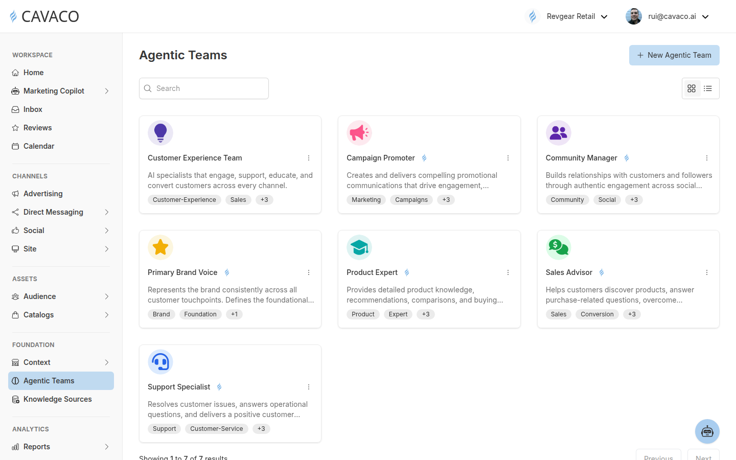Cavaco Agentic Teams page showing Customer Experience, Campaign Promoter, Community Manager, Primary Brand Voice, Product Expert, Sales Advisor, and Support Specialist teams