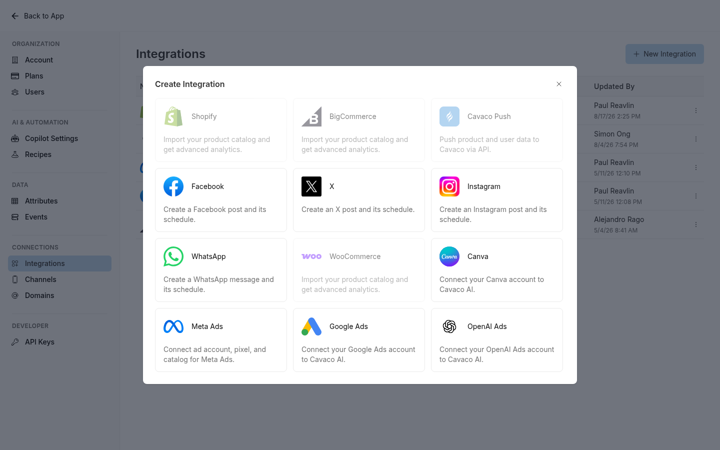 Cavaco Create Integration dialog showing Facebook, X, Instagram, and the separate Meta Ads integration