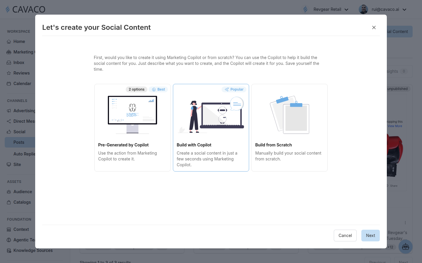 Cavaco New Social Content dialog showing Pre-Generated by Copilot, Build with Copilot, and Build from Scratch