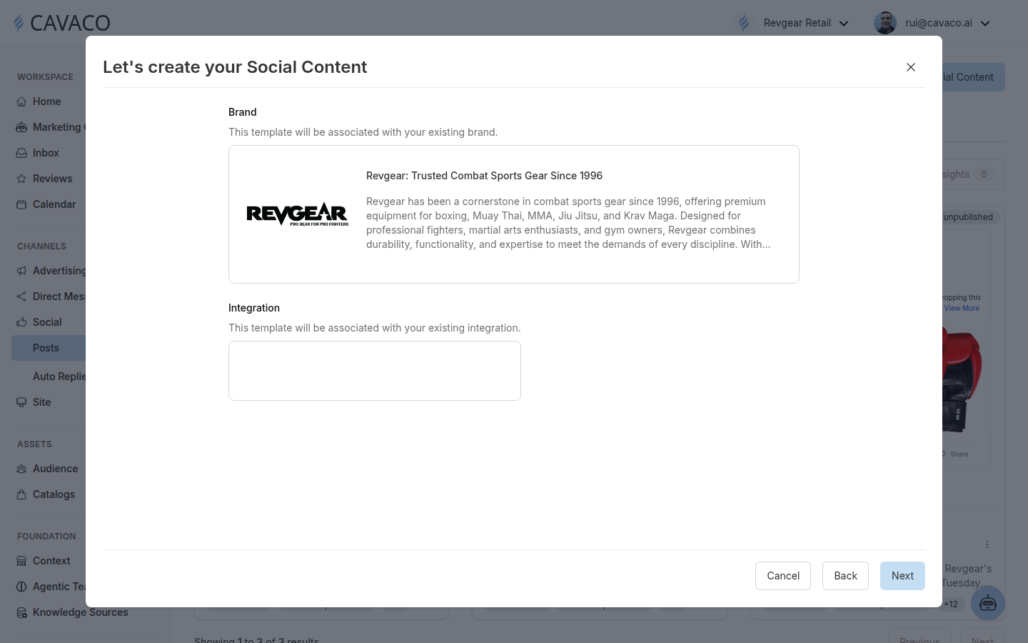 Cavaco Build with Copilot setup showing the selected Revgear brand context and required social integration selector