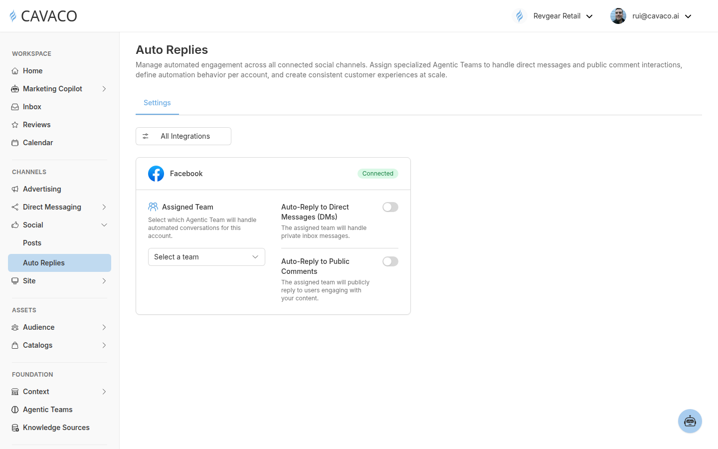 Cavaco Social Auto Replies settings showing a connected Facebook integration, Assigned Team selector, direct-message switch, and public-comment switch