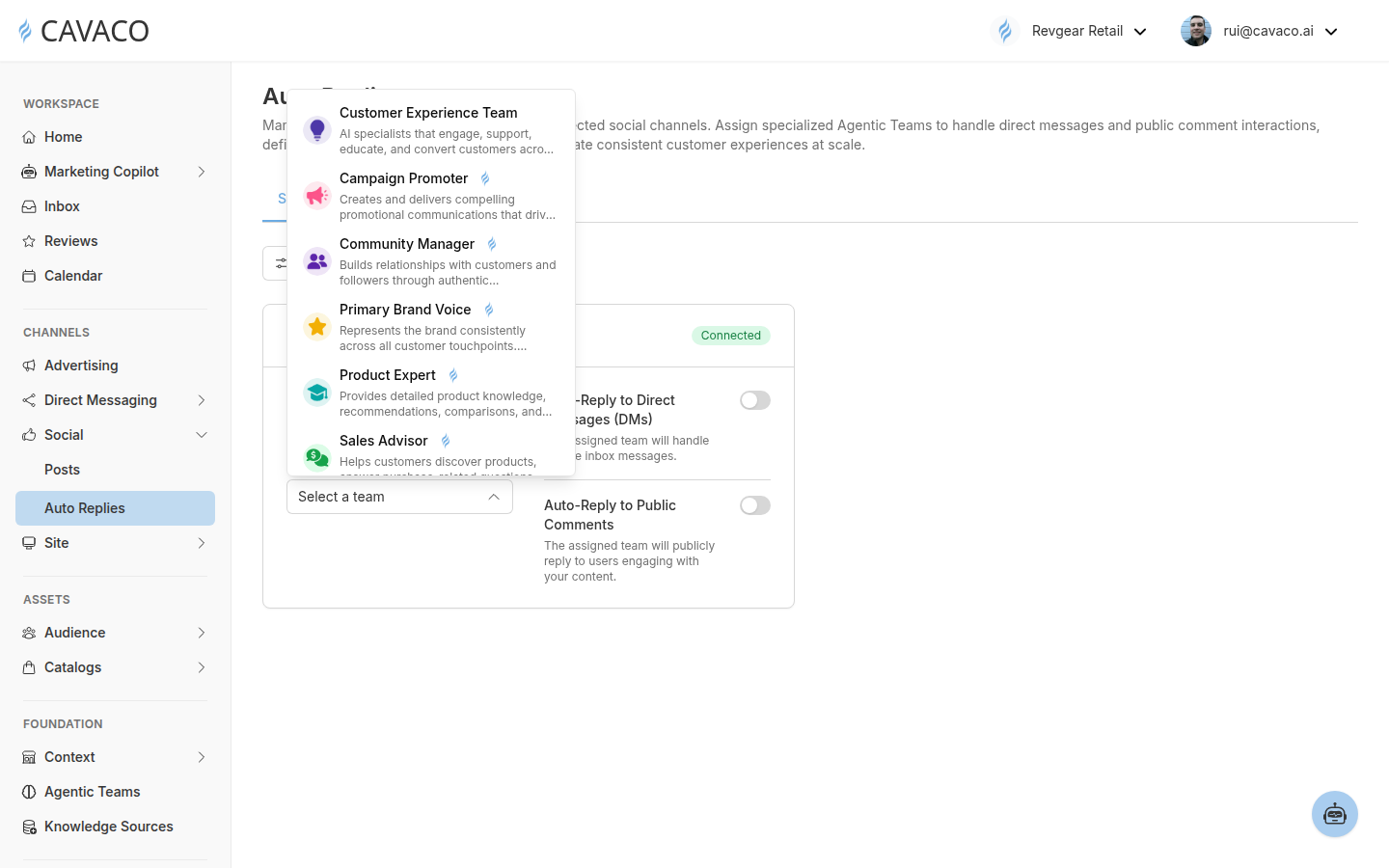 Cavaco Social Auto Replies Assigned Team menu showing Customer Experience Team, Campaign Promoter, Community Manager, Primary Brand Voice, Product Expert, and Sales Advisor