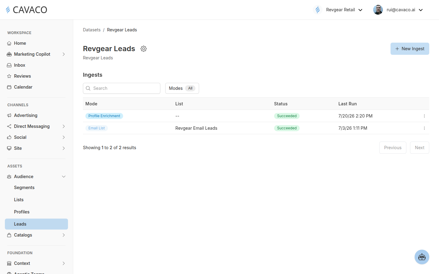 A Cavaco lead dataset showing completed Profile Enrichment and Email List ingests with Succeeded status