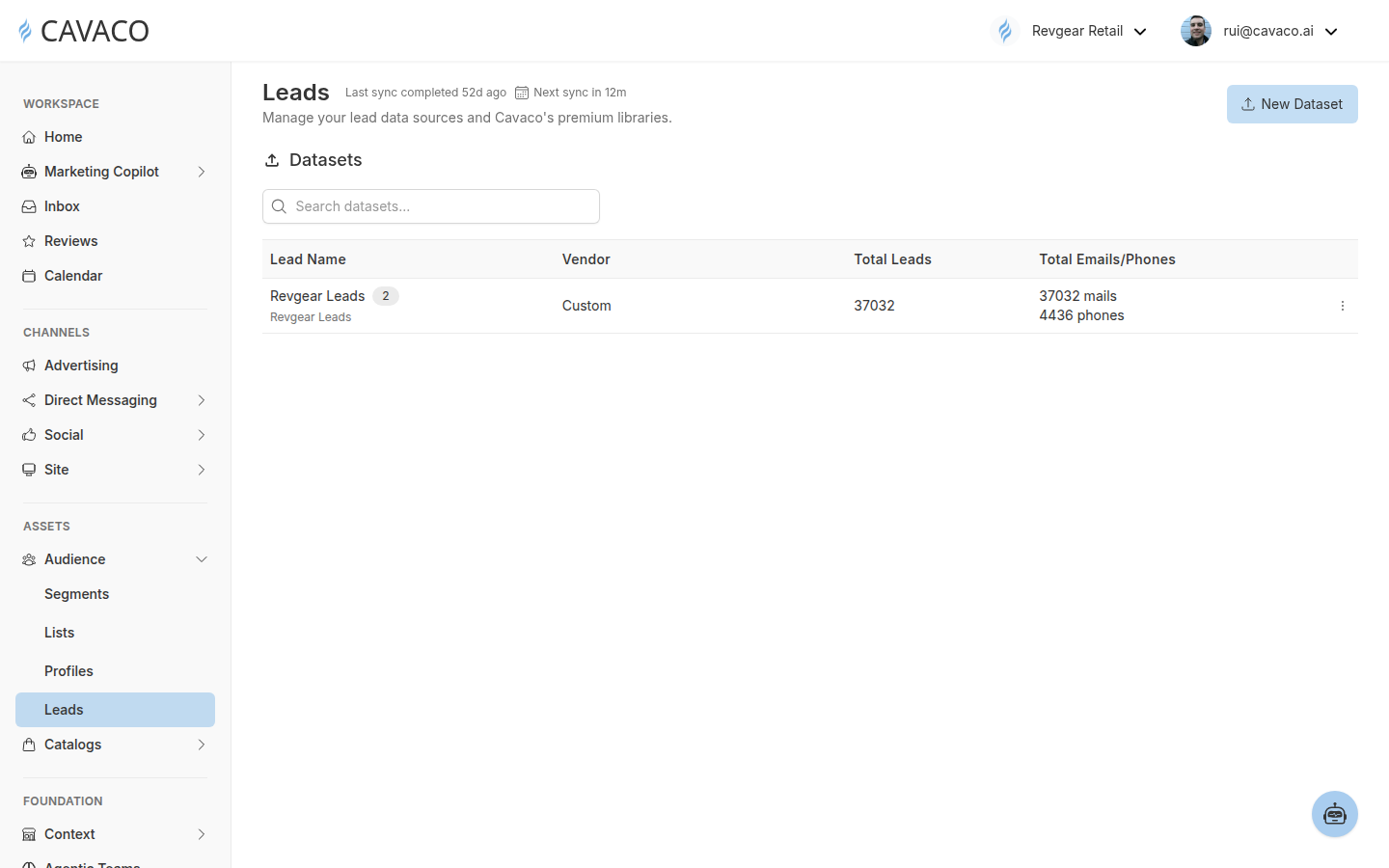 The Cavaco Audience Leads page showing uploaded datasets and the New Dataset button