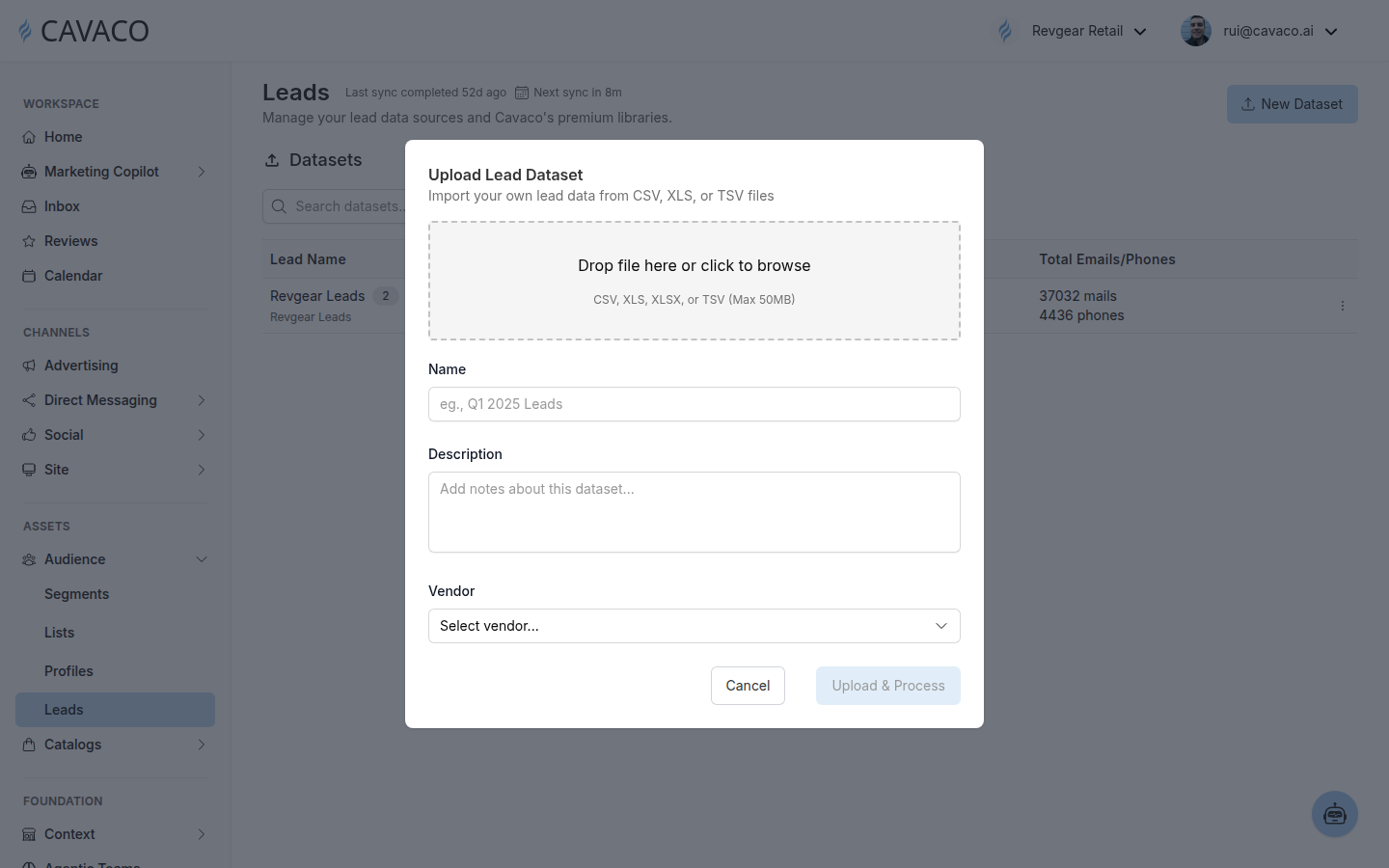 The Upload Lead Dataset dialog in Cavaco with file, name, description, and vendor fields