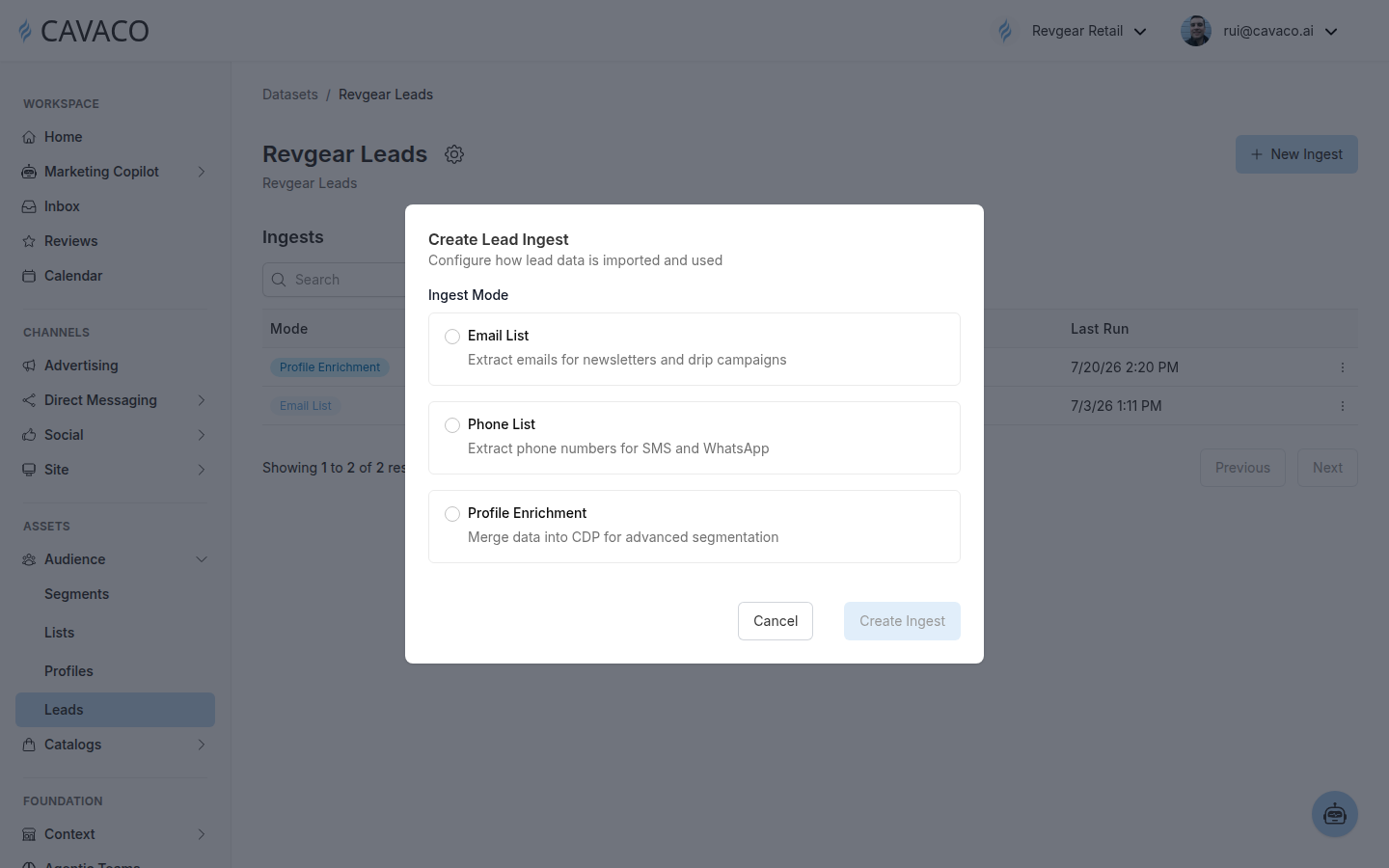 The Create Lead Ingest dialog showing Email List, Phone List, and Profile Enrichment modes