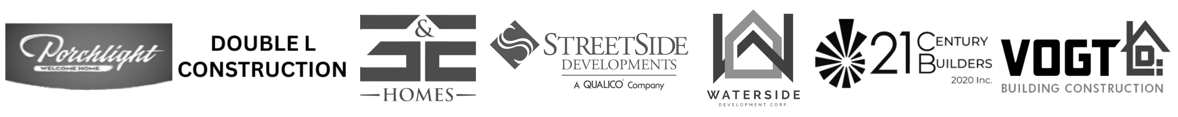 Logos of ATG partner companies: Porchlight Developments, Double L Construction, Waterside Development Corp., SE Homes, Discovery Homes, StreetSide Developments, 2 Architecture, 21 Century Builders, and Eagle Homes.