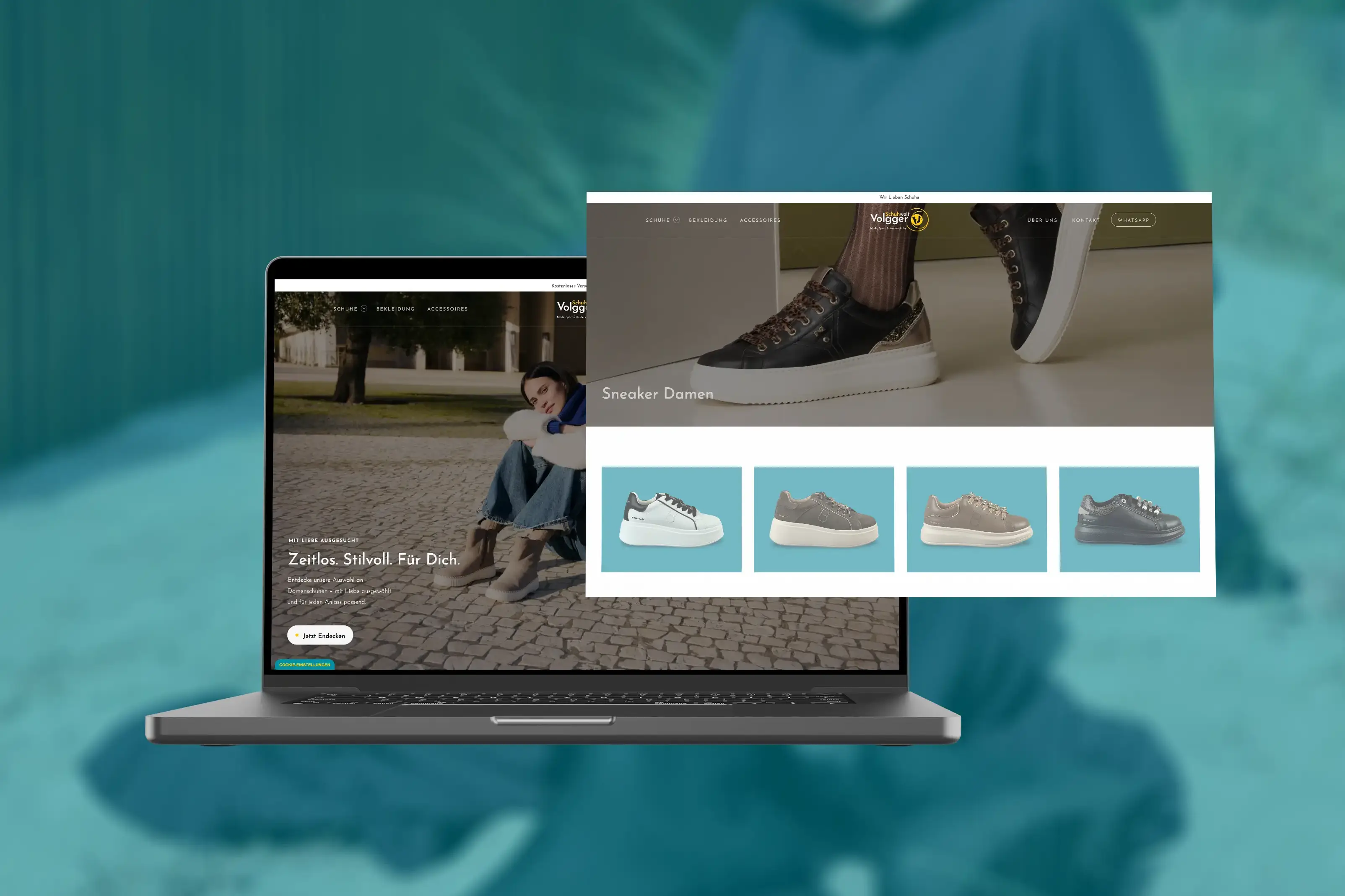 Person sitzt mit Laptop auf dem Schoß und besucht einen Online-Shop für Damenschuhe.