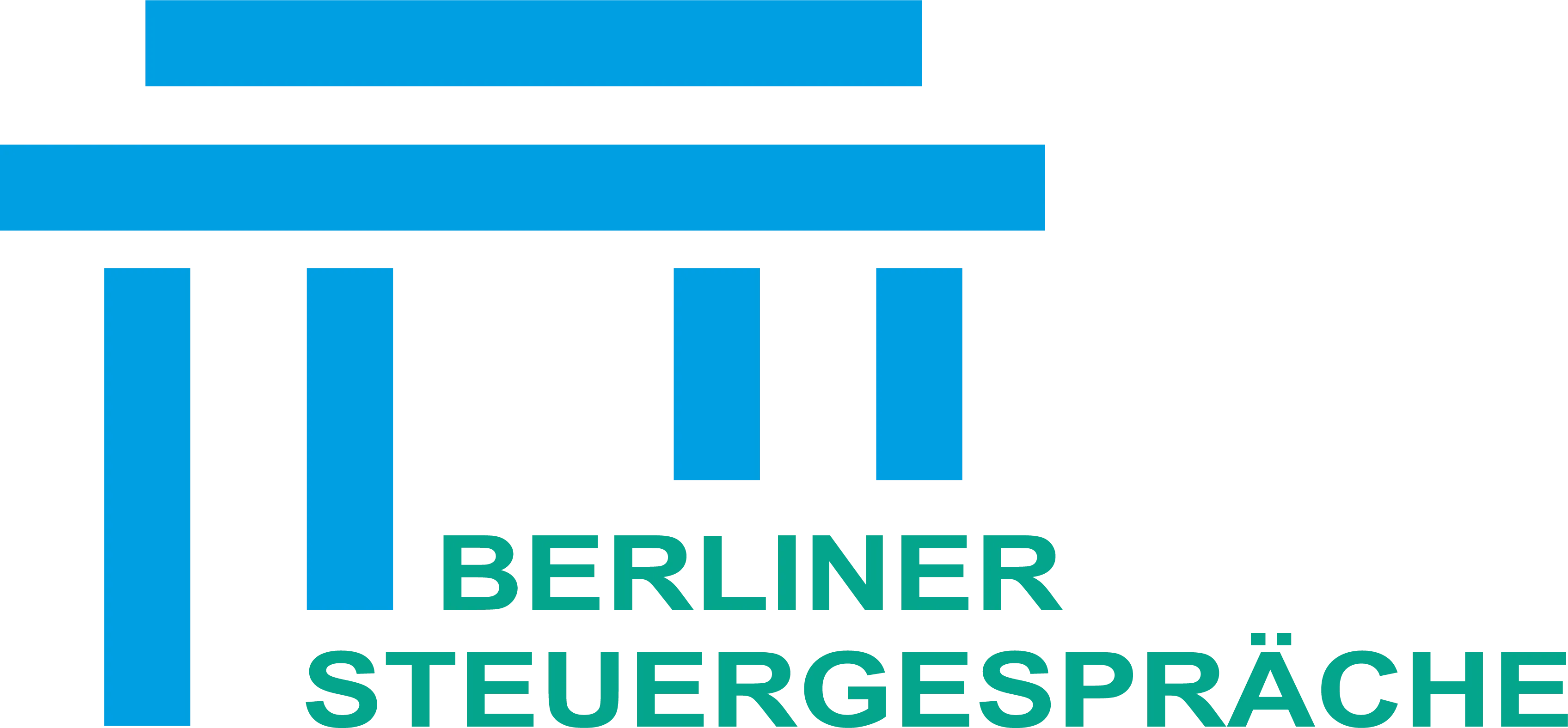 Logo der Berliner Steuergespräche mit blauem stilisiertem Parlamentsgebäude und grünem Schriftzug.