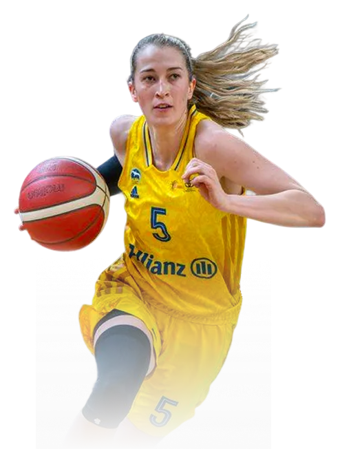 Basketballspielerin in gelber Allianz-Teamuniform mit der Nummer 5, die mit Ball in der Hand rennt.