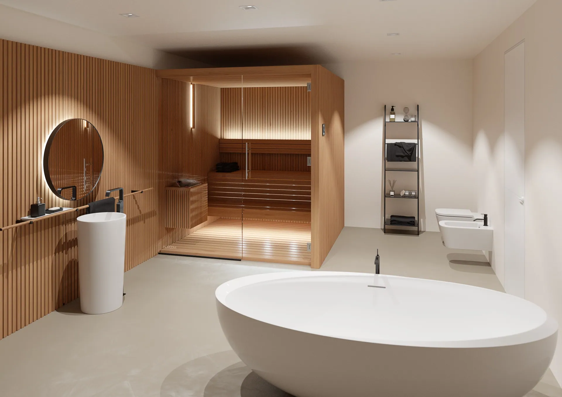 Sauna sur mesure avec façade vitrée intégré dans une salle de bains contemporaine