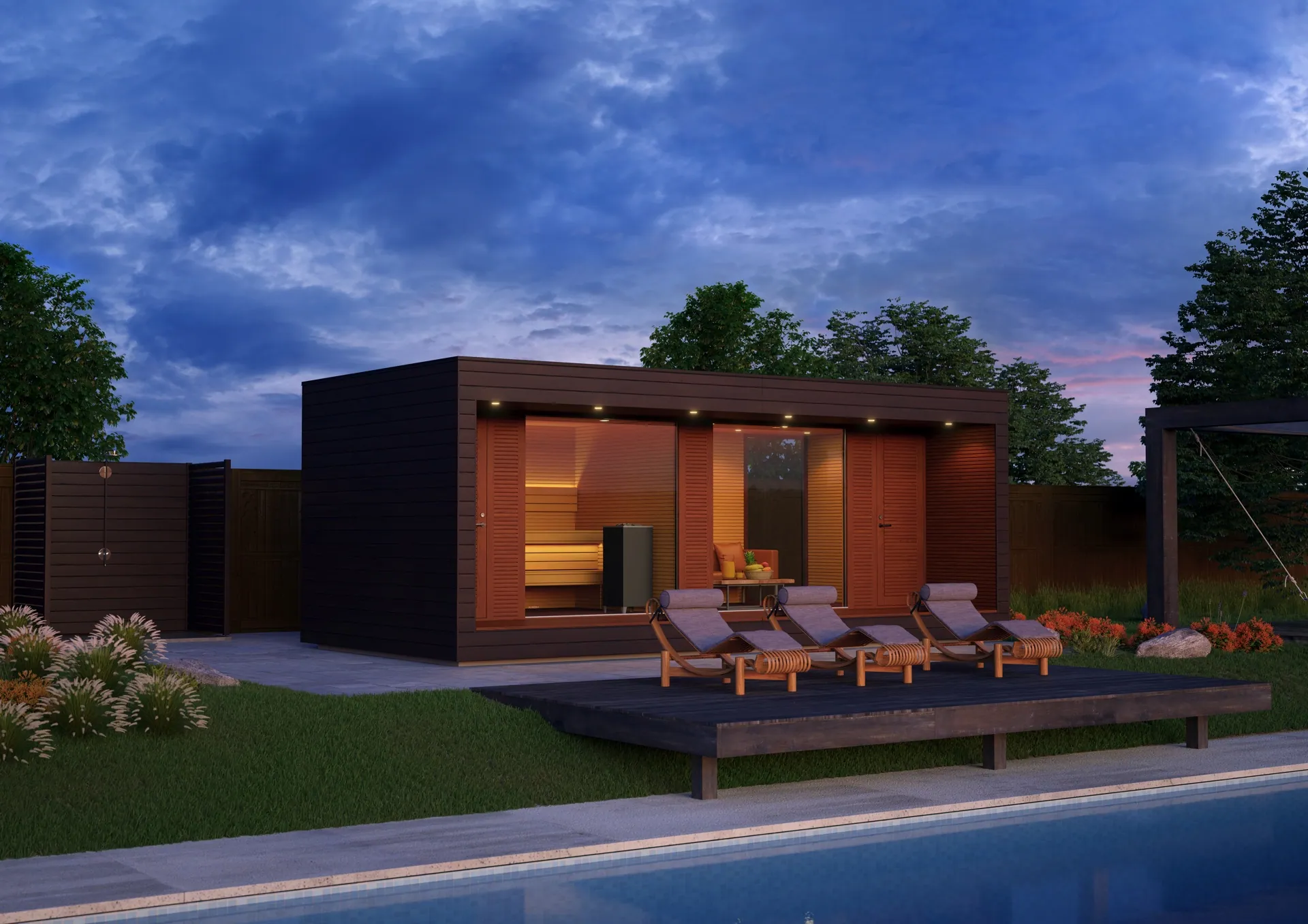 Sauna extérieur contemporain installé au bord d'une piscine de villa