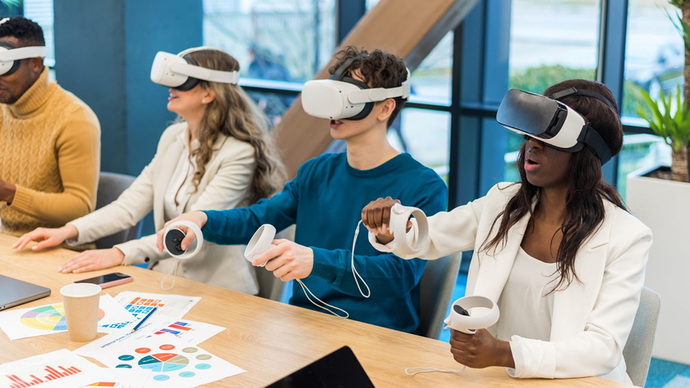 A group of friends, trying out VR