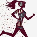 Silhouette of a running woman with flowing hair and motivational text 'I can and I will' integrated within her body.