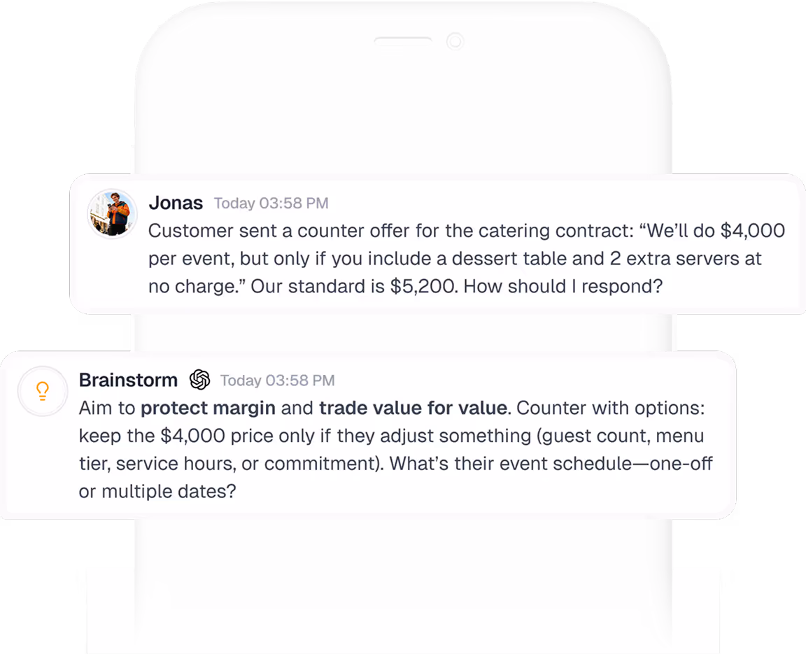 Sales professional using Menturi AI on mobile to analyze customer pricing and develop deal strategy