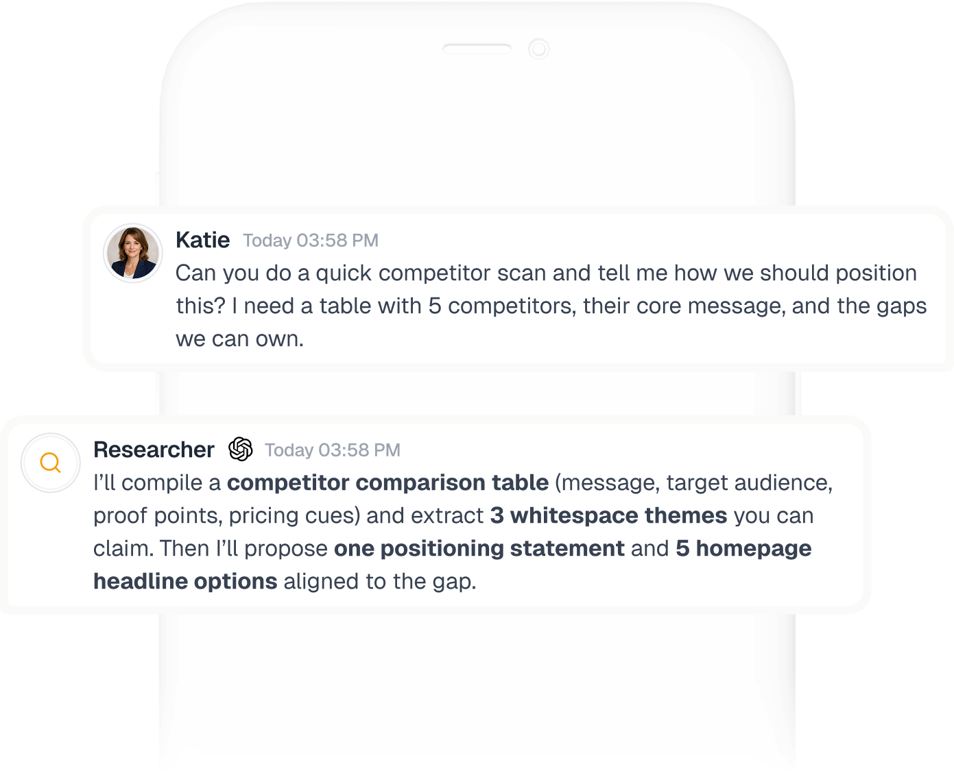 Marketing professional using Menturi AI on mobile to request competitor analysis and positioning research