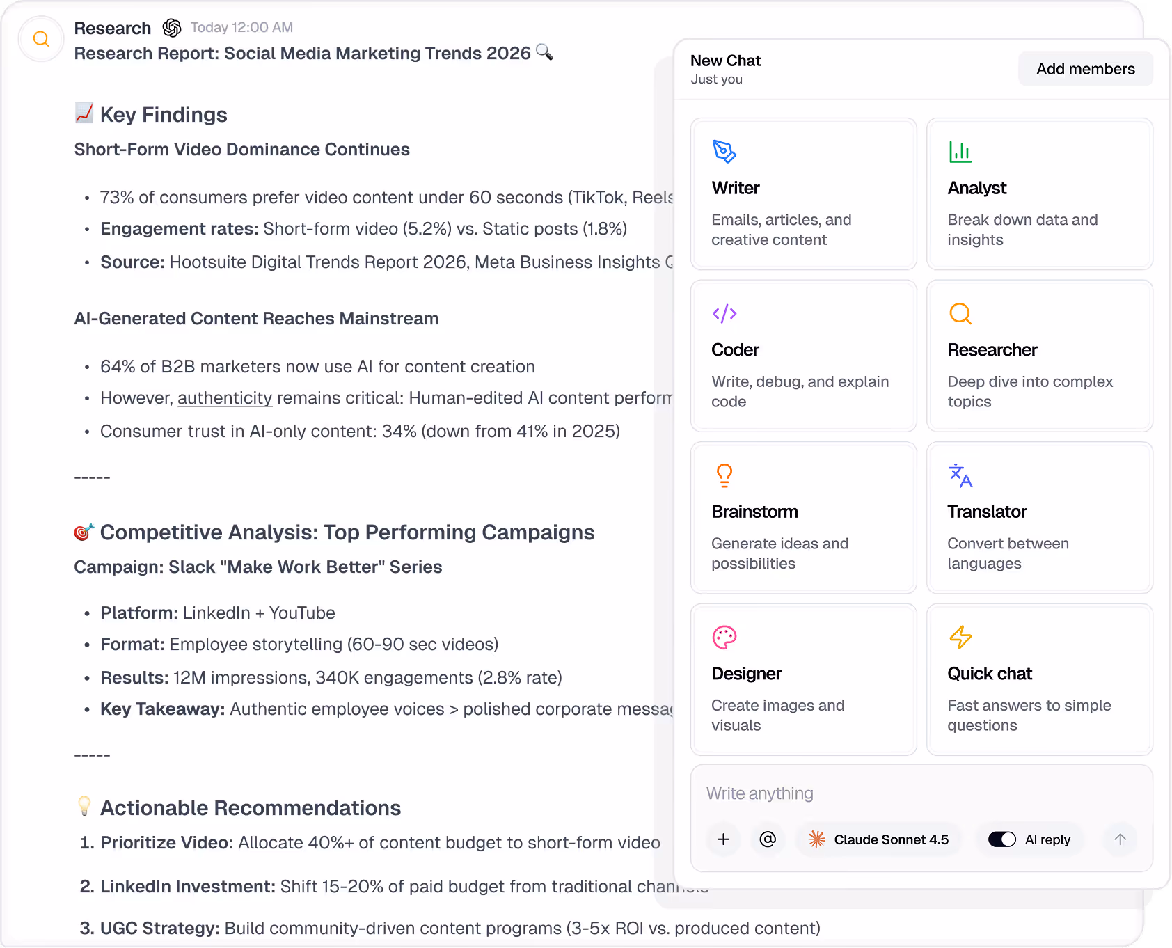 Menturi AI interface showing marketing campaign analysis with performance metrics, content planning, and competitor insights