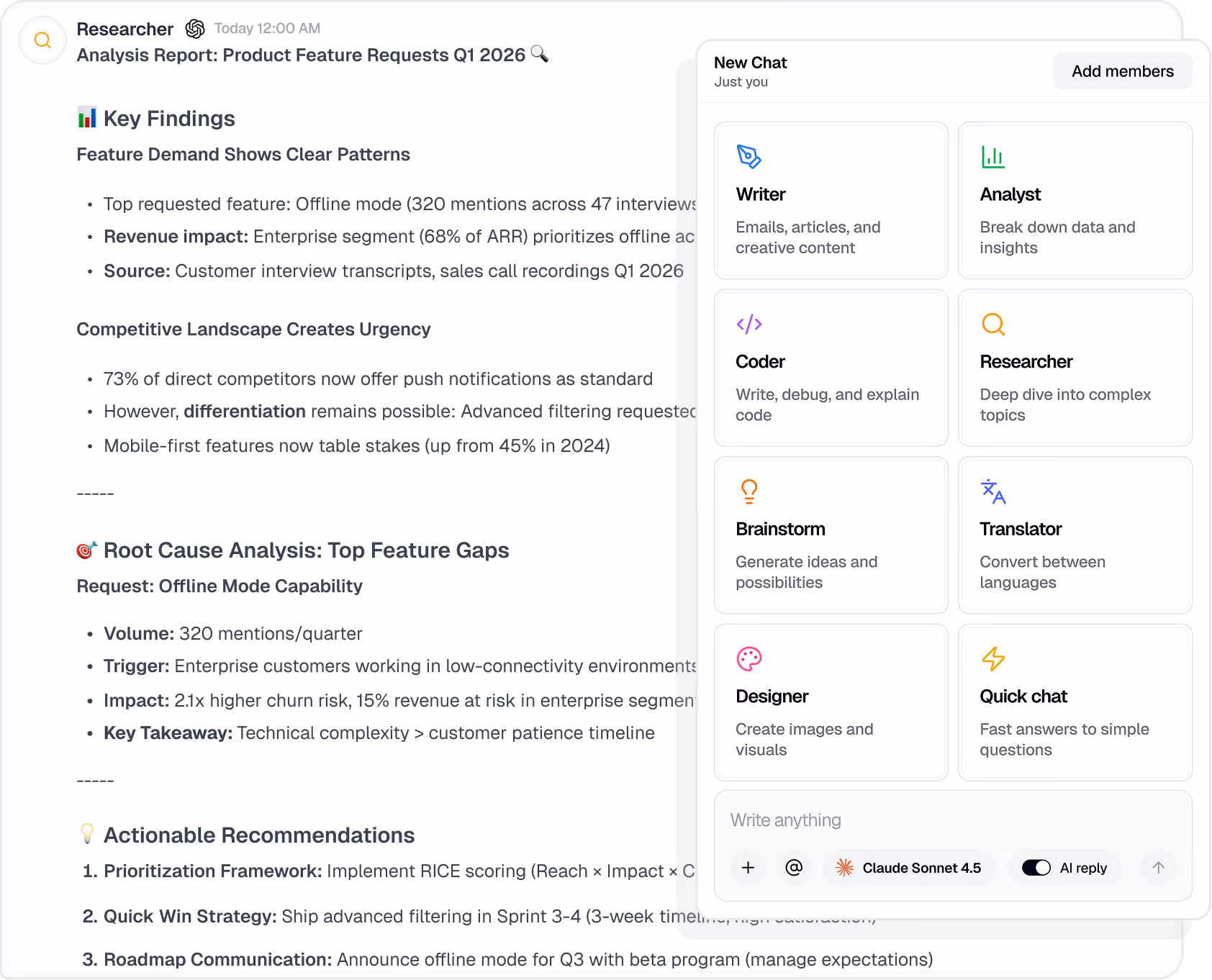 Menturi product feature analysis report with demand patterns, competitive insights, and prioritization recommendations, alongside AI mode selection panel