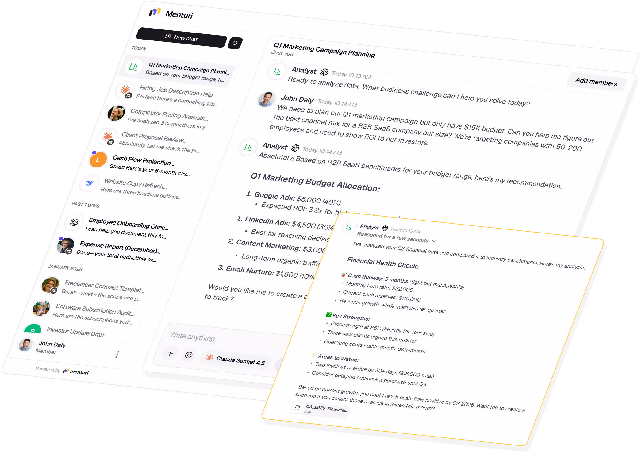 Menturi AI platform interface showing small business team collaborating on marketing budget planning with Analyst mode providing data-driven recommendations